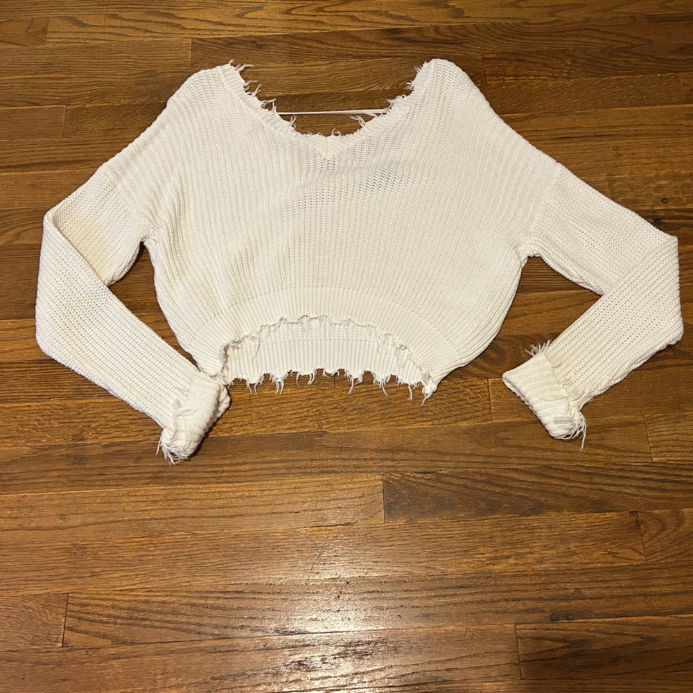 White Distressed Knit Sweater
